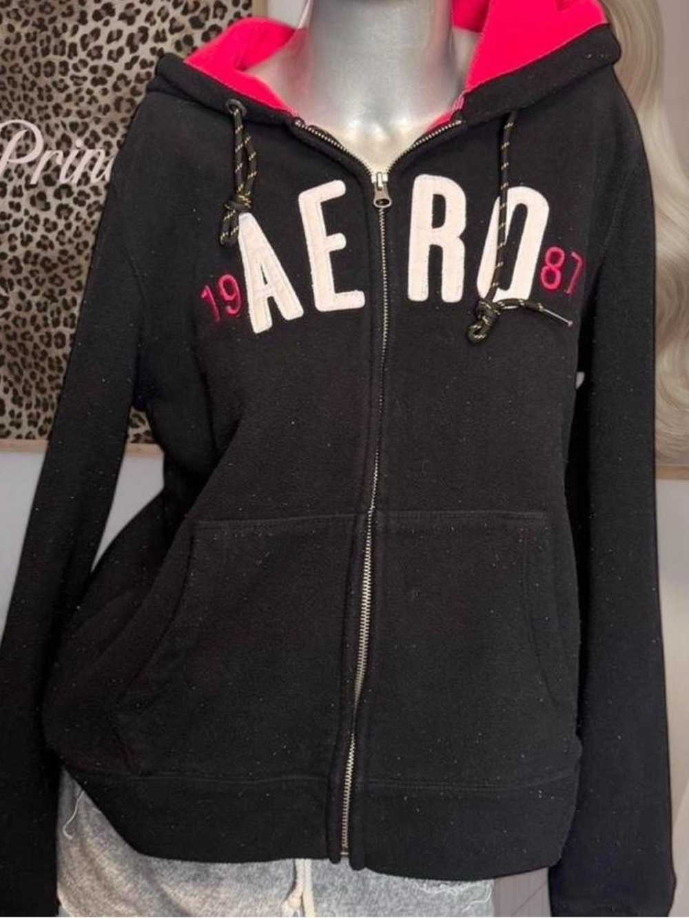 Aeropostale Y2K Fleece Black/Pink Zip Hoodie